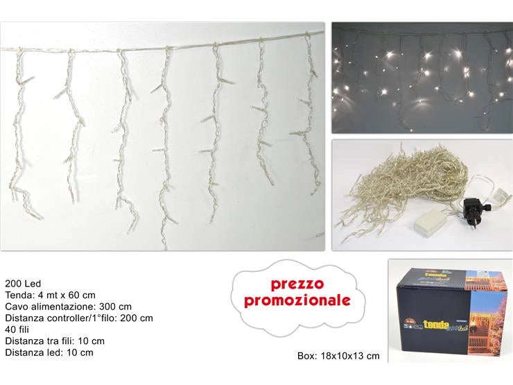Decorazione Natale Tenda con Gioco Luci Bianco Fredda 200 Luci 4 Metri