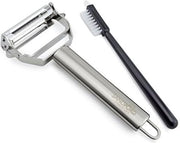 Trisfunzione schiaccia e julienne in acciaio inox | coltello a strisce/spiralizzatore per spaghettini di frutta | set composto da coltello e spazzolino da spolvero.