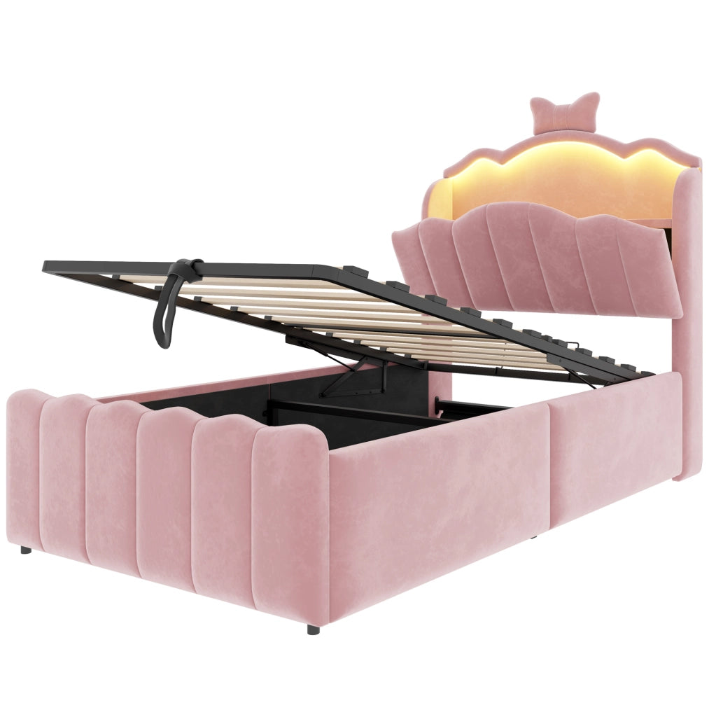 Letto per bambini 90 x 200 cm con testiera a fiocco; LED multicolore; USB e USB-C in velluto rosa