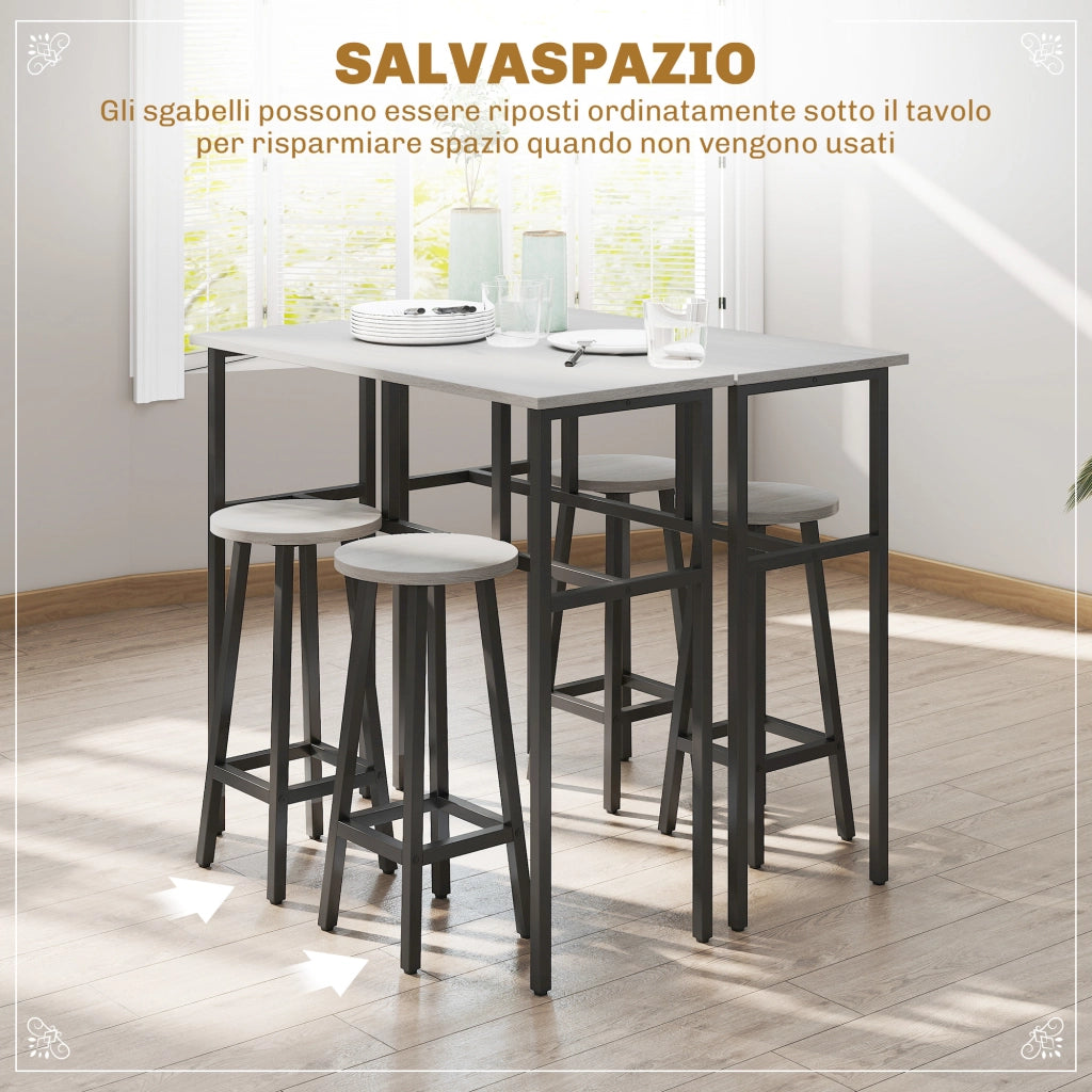 Set da Bar 6 Pezzi con 4 Sgabelli e 2 Tavoli Alti ¨C zephmum ¨C Legno e Acciaio, Grigio