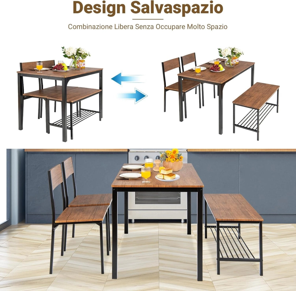 Set Tavolo e Sedie da Pranzo 4 Pezzi, Tavolo da Pranzo con 2 Sedie e 1 Panca, Set Mobili da Cucina Salvaspazio con 4 Posti, per Cucina, Sala da Pranzo e Soggiorno (Marrone)