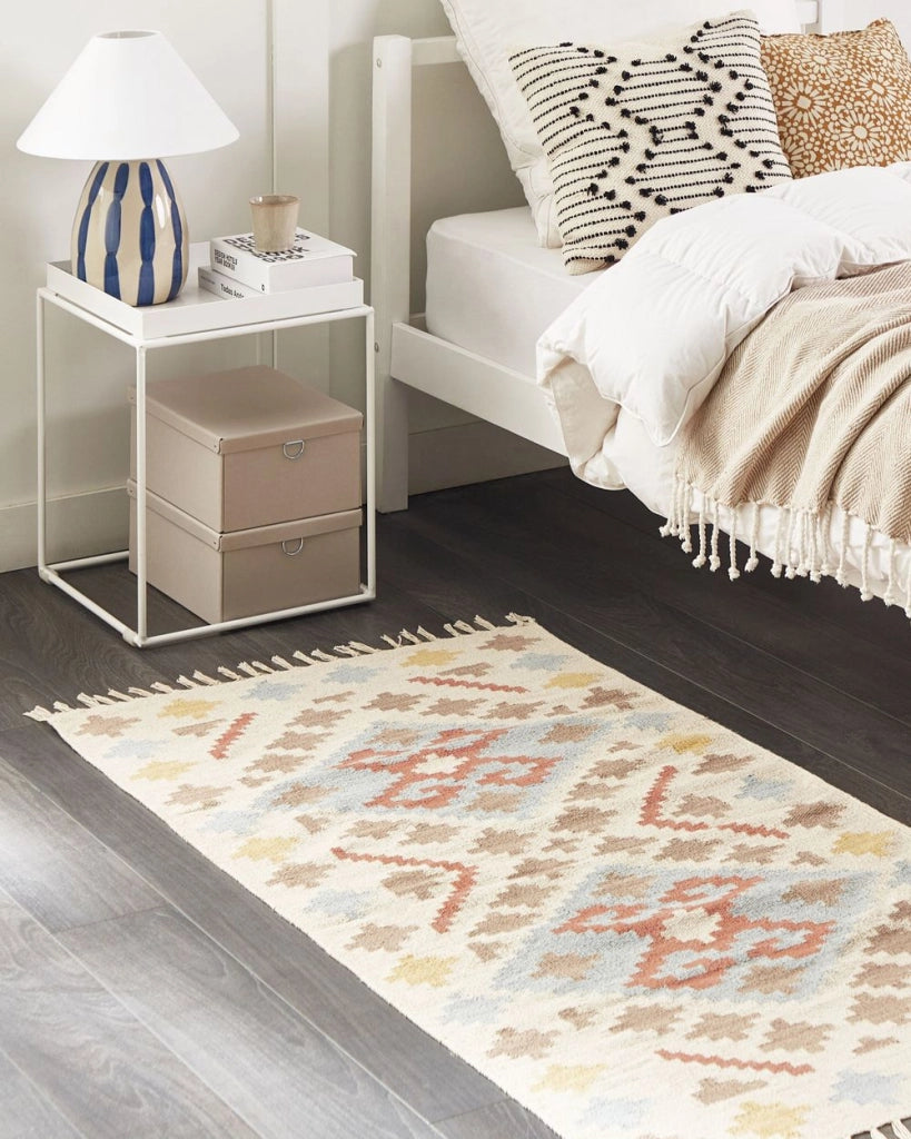Tappeto Kilim in cotone multicolore 80 x 150 cm a pelo basso con motivi geometrici e frange Rettangolare Tradizionale
