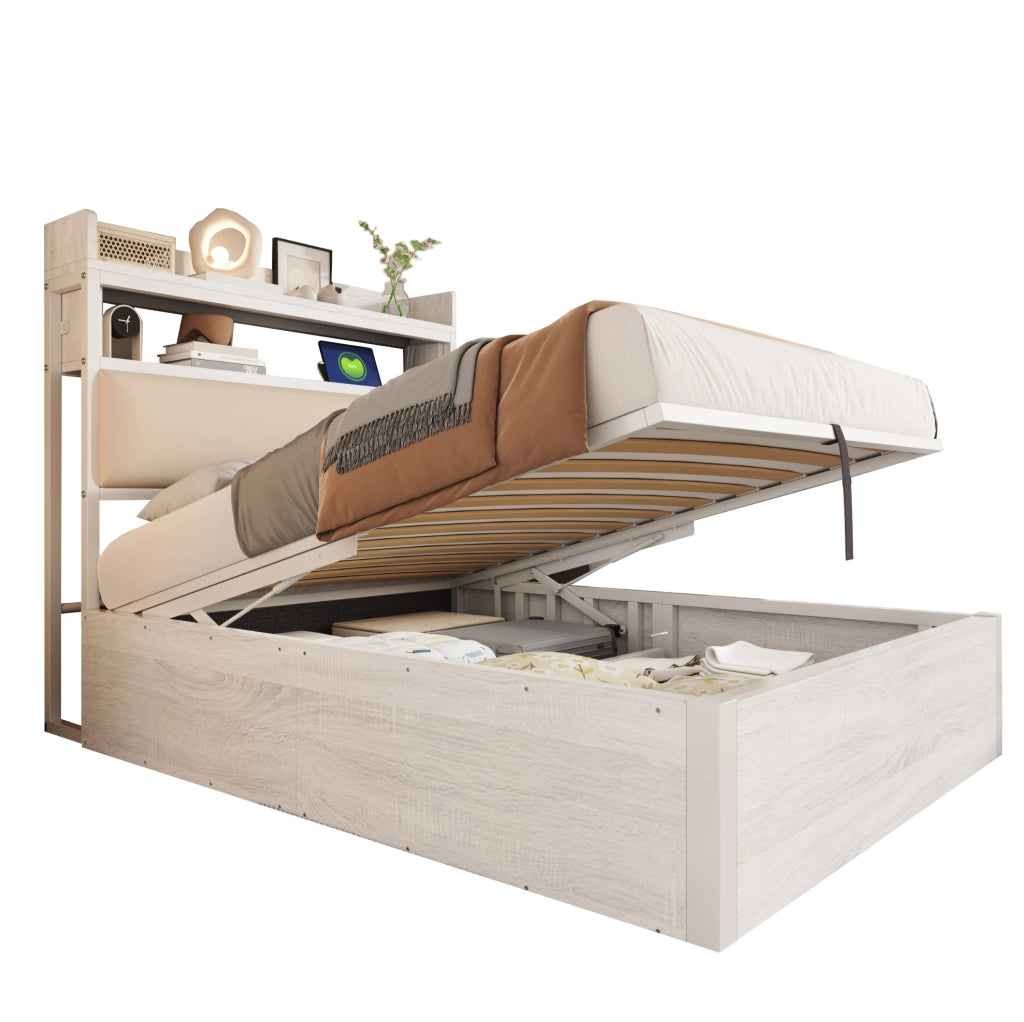 Letto singolo 90x200 cm con contenitore; meccanismo di sollevamento idraulico; USB; bianco