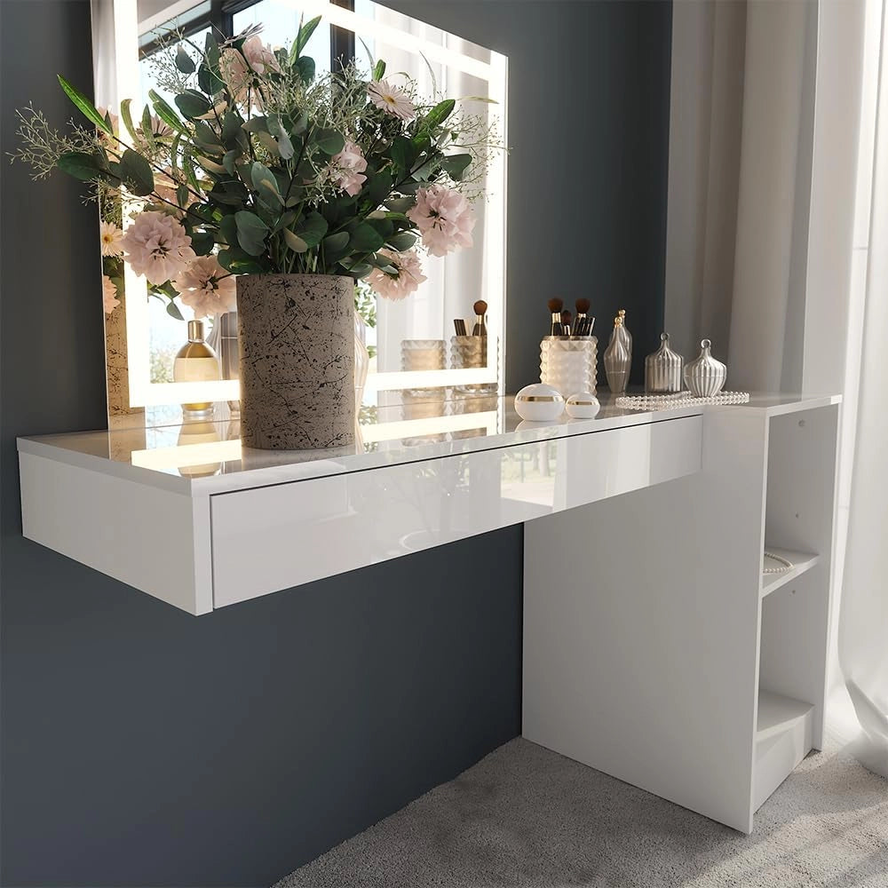 Tavolo da toeletta Sherry, Bianco, 100 cm 3 parti, con illuminazione LED e grande specchio per montaggio a parete