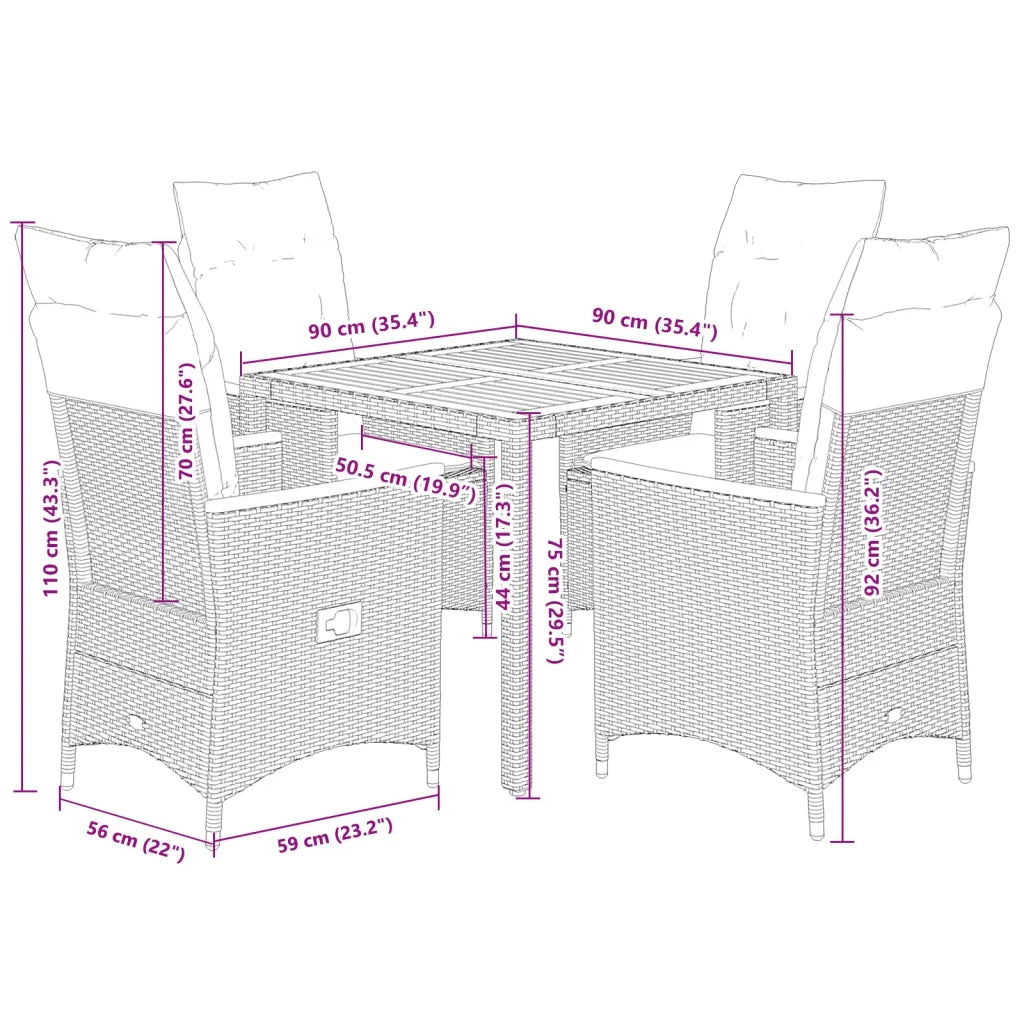 Set da Pranzo da Giardino 5 pz Nero con Cuscini in Polyrattan 3276832