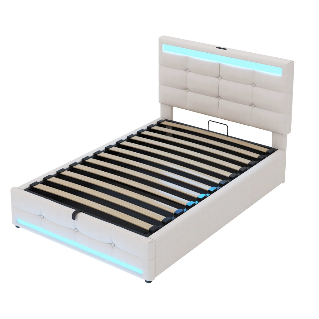 Letto imbottito 90x200 con LED RGB, 2 porte USB, testiera regolabile e struttura contenitore