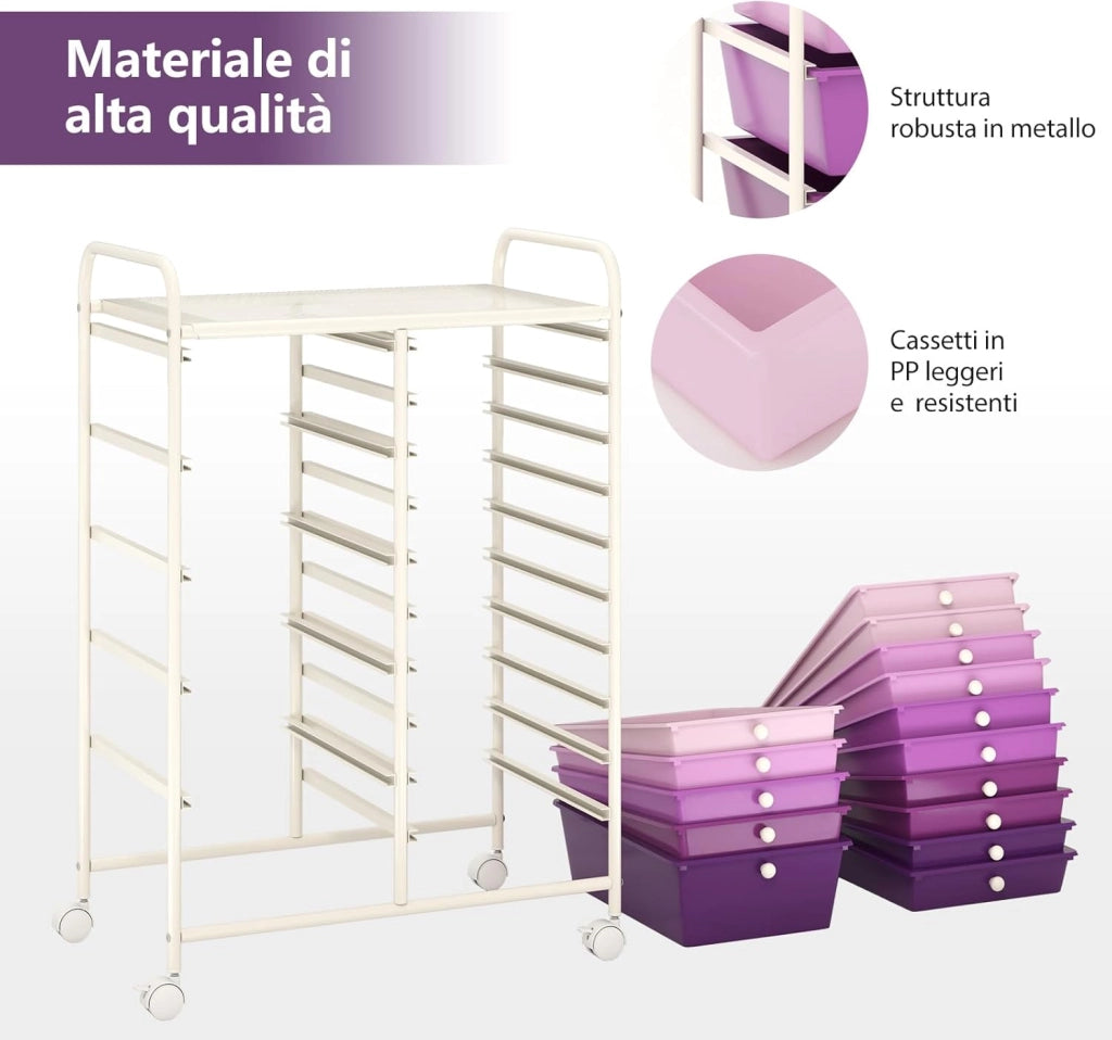 Carrello con 15 Cassetti Impilabili, Carrello di Stoccaggio con Ruote, Carello Portaoggetti per Casa e Ufficio, 62,5 x 37 x 87 cm (Viola)