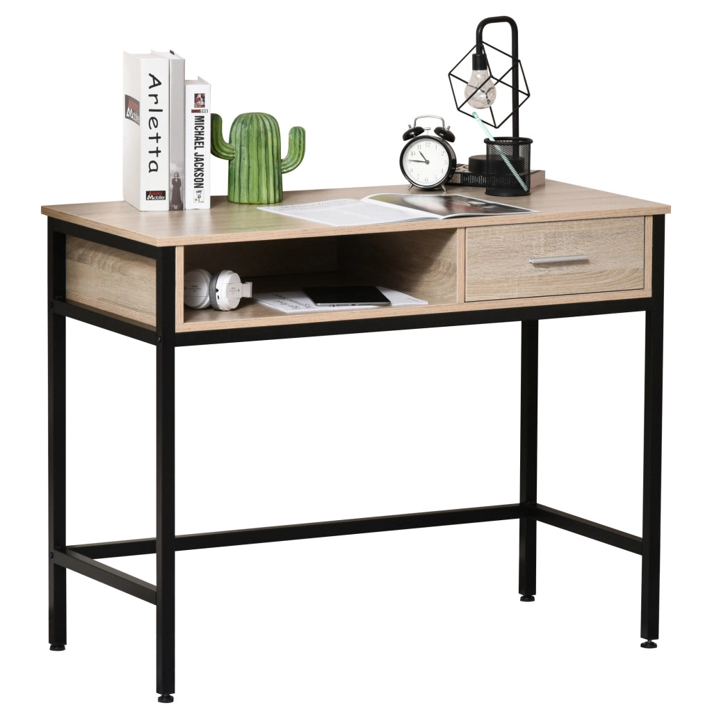 Scrivania con cassetti e scaffale ¨C Minimal ¨C Legno Rovere e Metallo Nero 90x50x75 cm