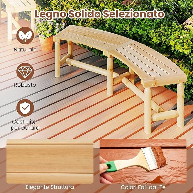 Panchina Curva da Patio, Panchina di Legno Massello per 2-3 Persone, Panca da Fuoco Senza Schienale per Esterni, Giardino e Bordo Piscina, Portata 360 kg (Naturale)