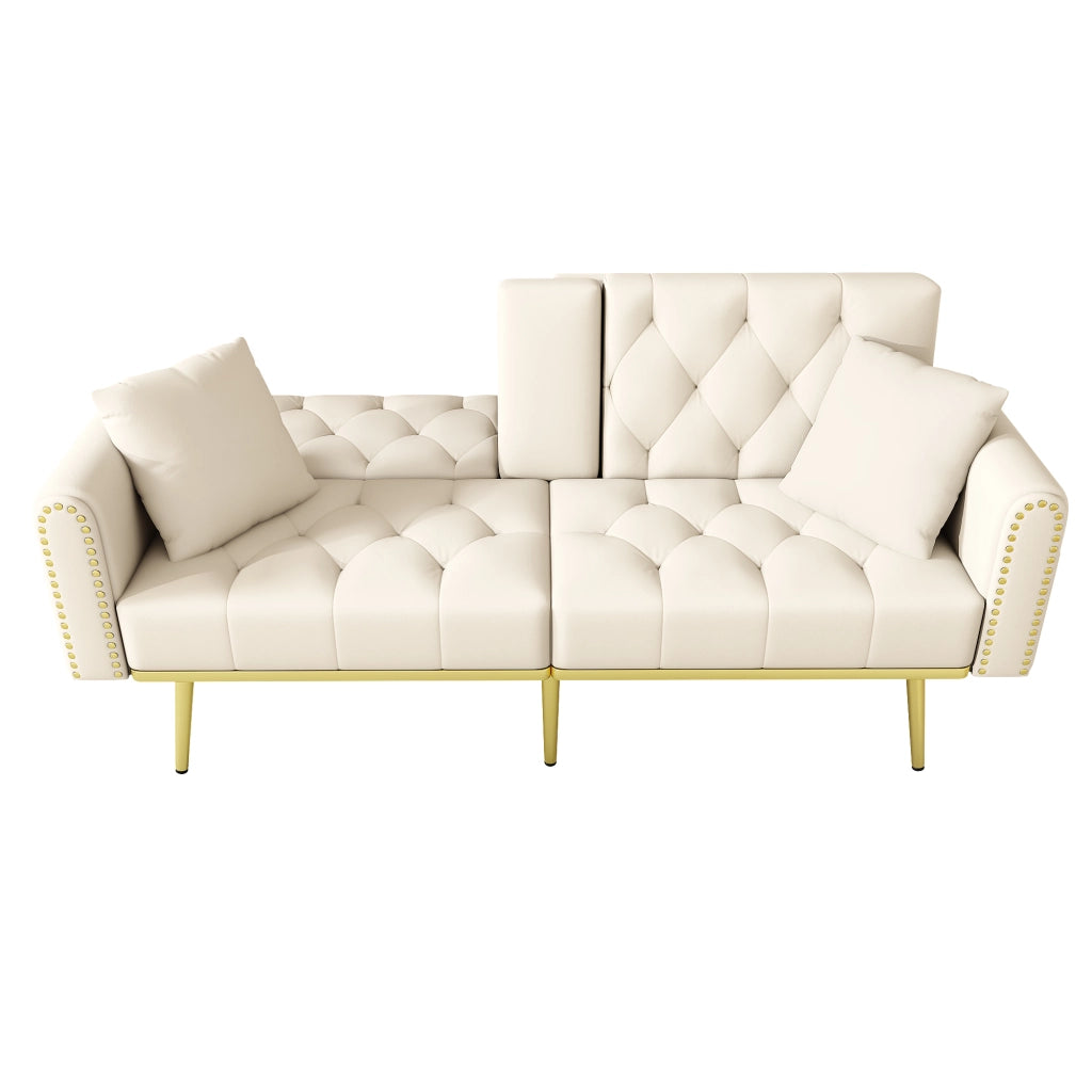 Divano Letto 2 Posti con Schienale Regolabile, Portabicchieri e Tasche Laterali in Velluto Beige 175 × 80 × 73,5 cm