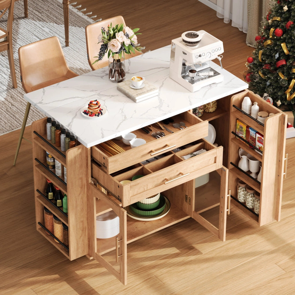 Isola cucina mobile con piano di lavoro ribaltabile, carrello su 5 ruote, 120 x 45 (70) x 90 cm, con spazio salvaspazio e cassetti per posate