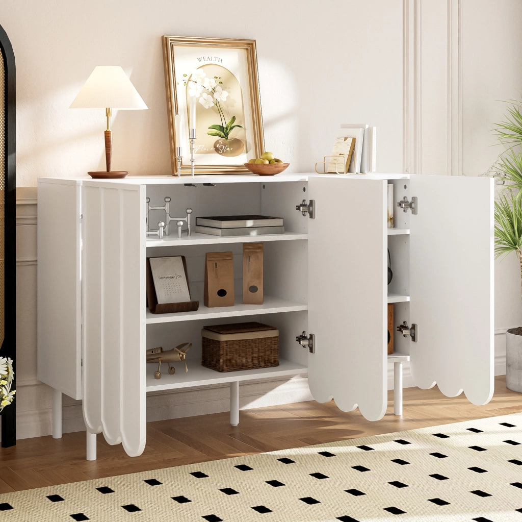 Credenza bianca con ante ondulate e ripiani regolabili 120x35x80 cm