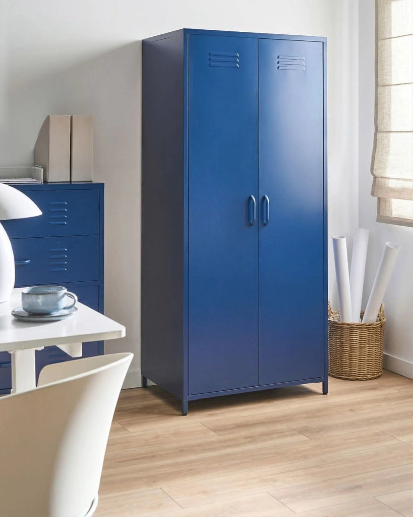 Armadio Portaoggetti Home Office Acciaio Blu Navy 2 Ante 4 Ripiani Design Industriale