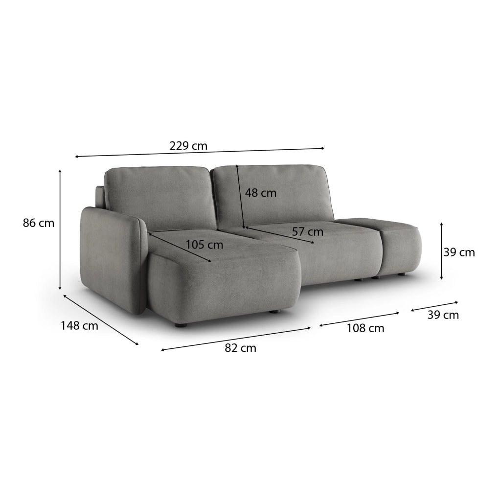 Rezzo, Divano Letto con Penisola Contenitore, 229x148 cm Grigio