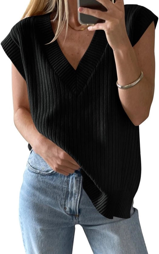 Pullover con collo V per donne - Oversized - Tuta senza maniche - Leggera - Top da camera - Cappuccio elegante - Adatto per tutte le stagioni - Maglia senza maniche