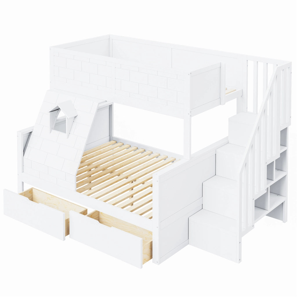 LETTO a castello con scala, cassetti e finestra 90x200/140x200 cm Bianco