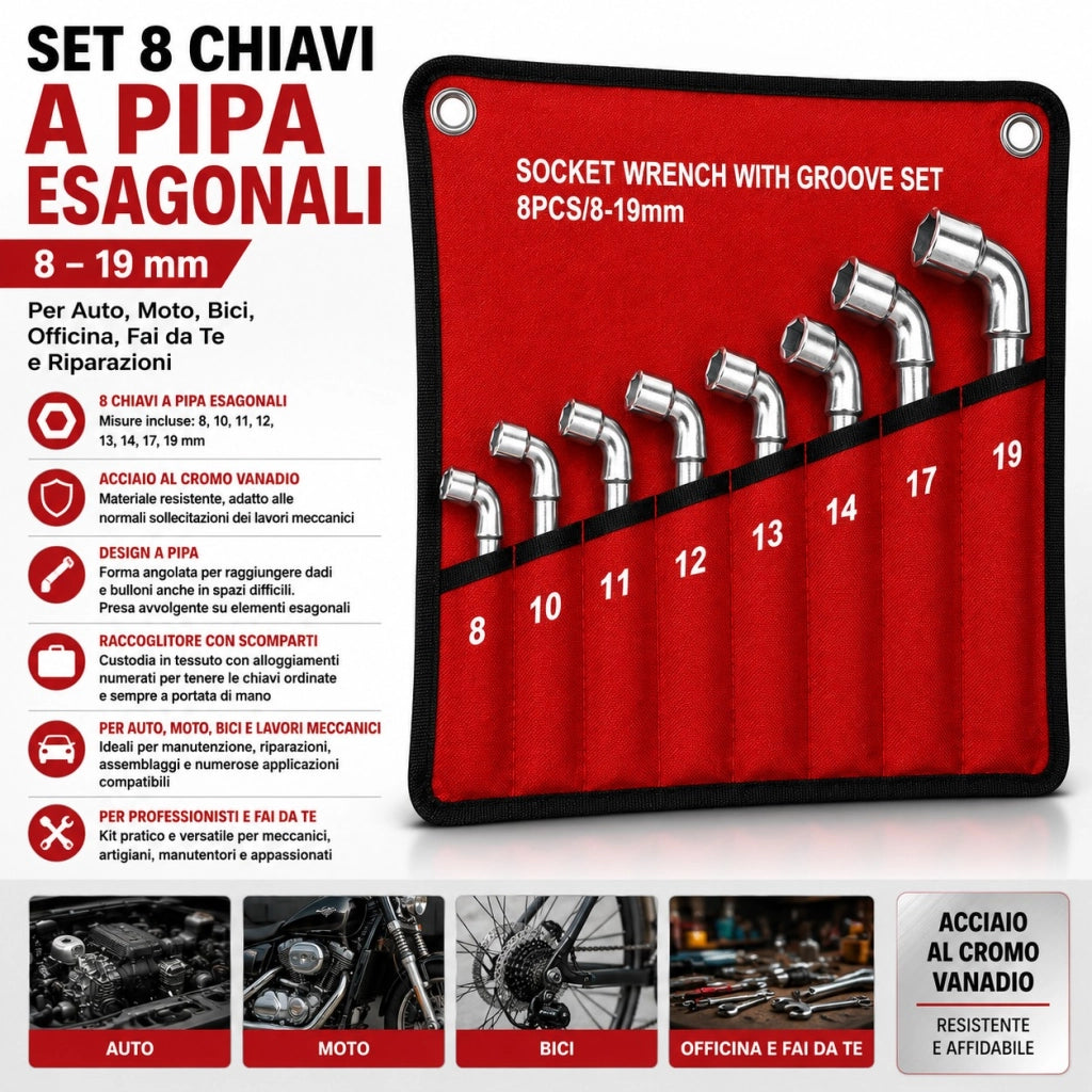 Set 8 Chiavi a Pipa Esagonali 8-19 mm Cromo Vanadio con Custodia