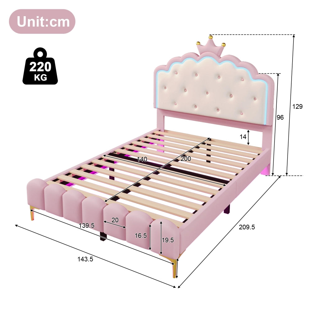 Letto per bambini a forma di corona, 140x200 cm, con rete a doghe, luci LED e struttura in PU rosa