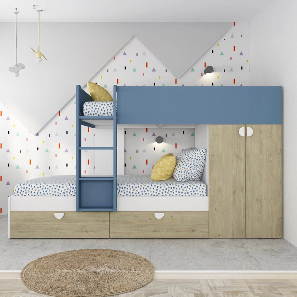 Letto a castello rovere e azzurro con armadio 2 ante e cassetti