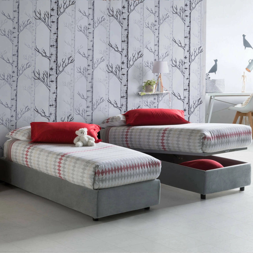 Letto singolo Avova, Letto contenitore con rivestimento in tessuto, Made in Italy, Apertura frontale, con materasso cm 80x200 incluso, Grigio
