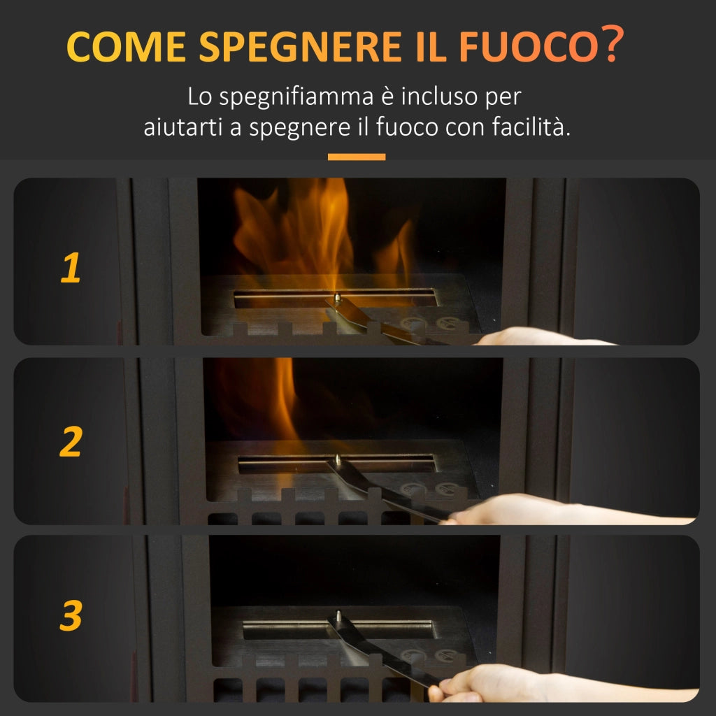 Camino Bioetanolo in Metallo da 3h di Combustione con Serbatoio da 0.9L e Copertura 25m2, 41x25x54 cm, Nero