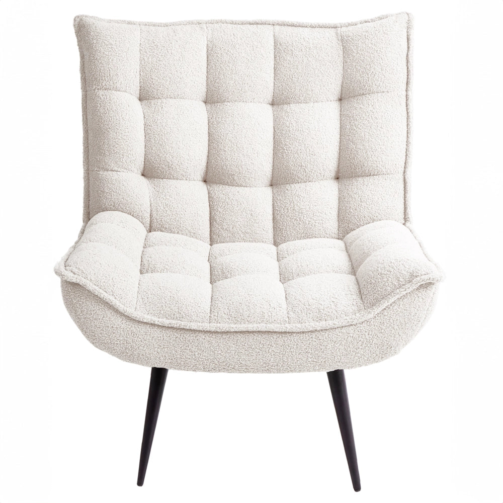Poltrona bianca in bouclé senza braccioli, sedia accentuante da relax, senza braccioli, gambe in ferro nero, per soggiorno o camera da letto, moderna.