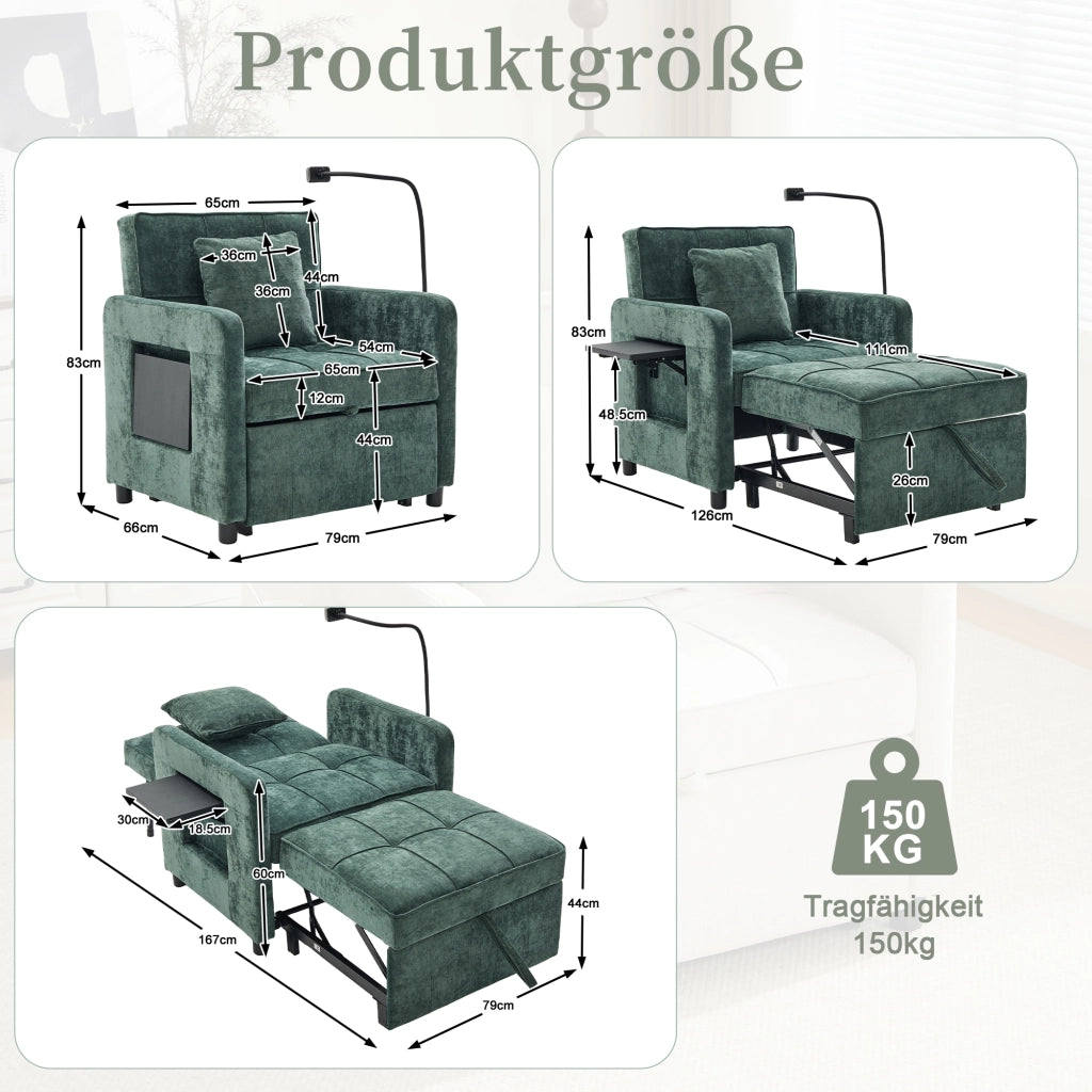Poltrona letto convertibile extra lunga con schienale regolabile, tasche laterali e vassoio laterale in ciniglia verde