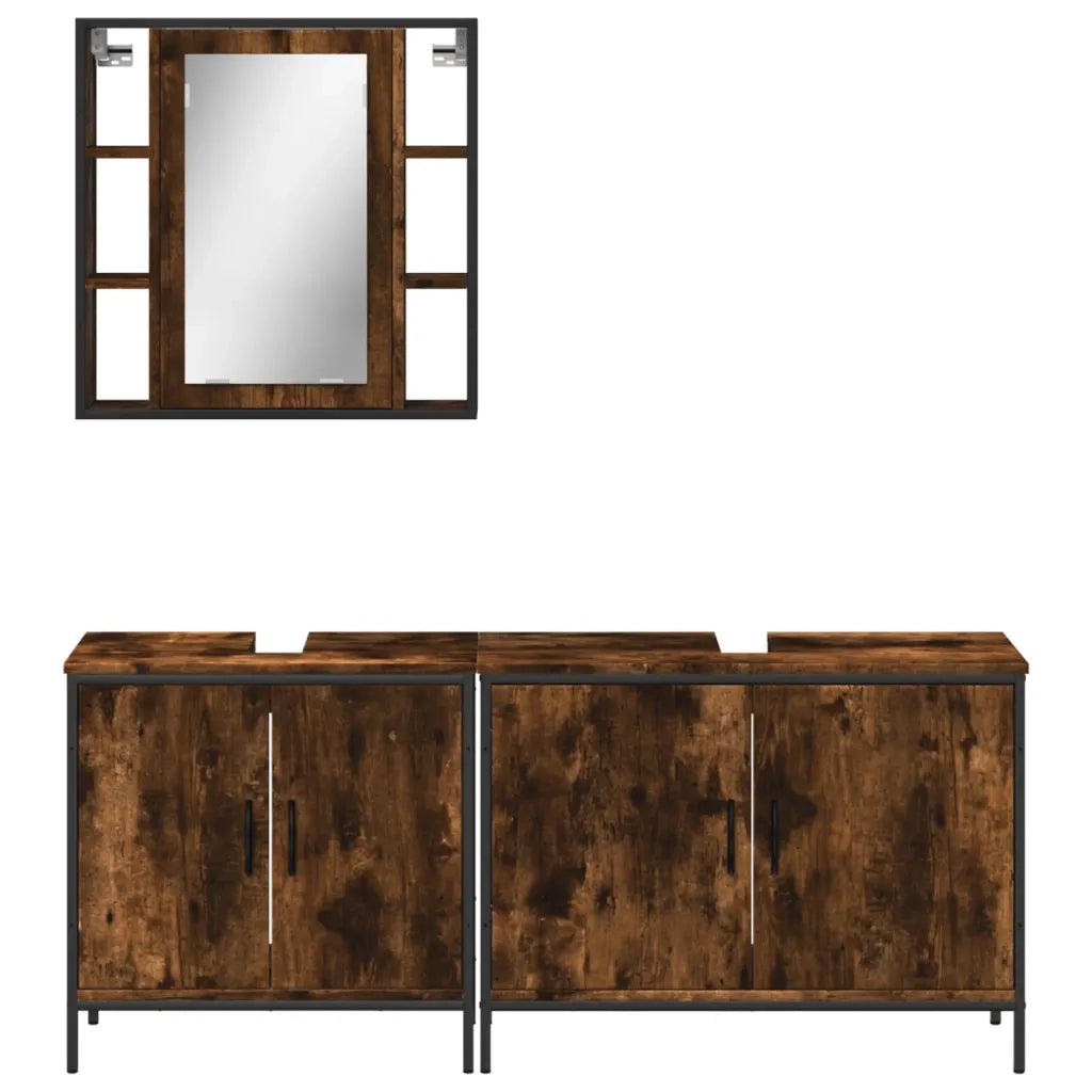 Set Mobili da Bagno | Armadio da bagno 3 pz Rovere Fumo in Legno Multistrato
