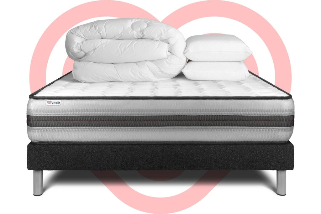 Pacchetto letto completo - Materasso 140x190cm + Box spring con doghe (in kit) + 2 cuscini + Piumino - Vitalpower Recover