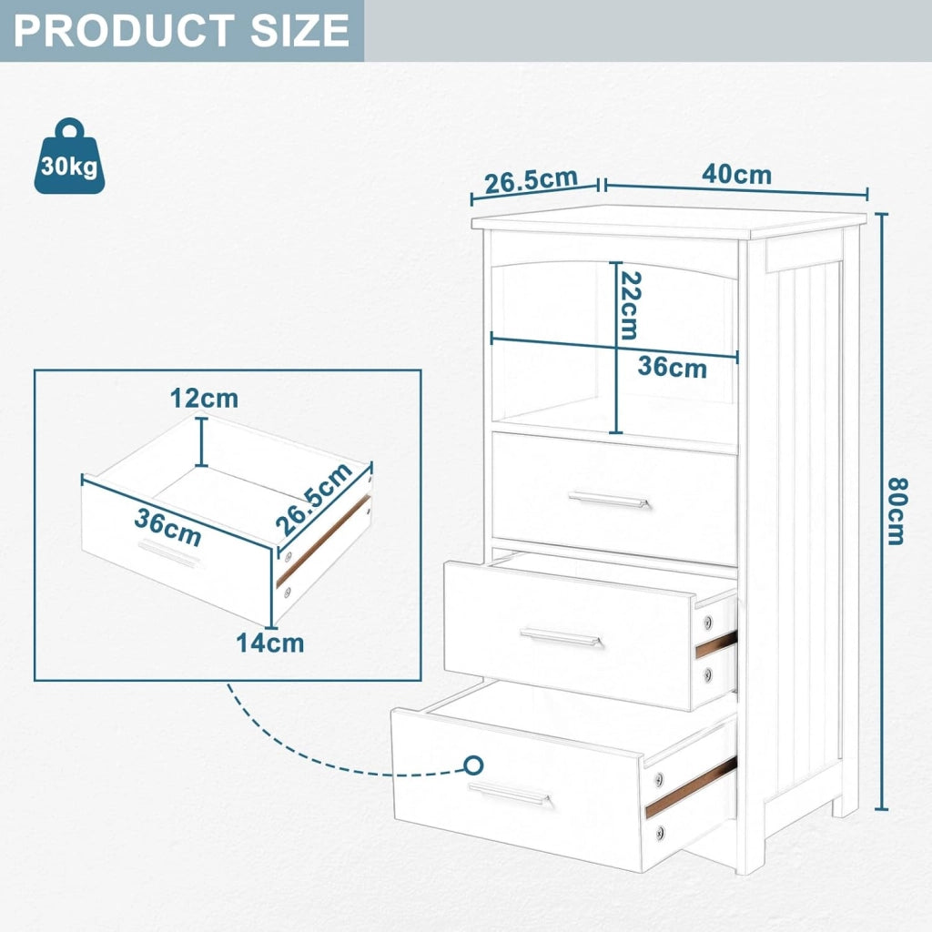 Mobile da Bagno Autoportante 3 Cassetti, Cassettiera con 1 Piano e 1 Scomparto a Giorno, Maniglie Argentate, per Ingresso, Soggiorno, Camera da Letto, in MDF, 40x26,5x80cm, Bianco