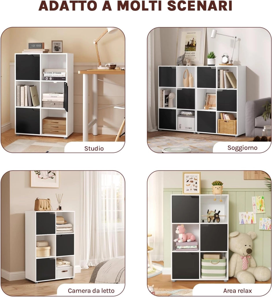 Libreria Armadio a 6 Cubi con Ante Mensola di Legno Portadocumenti Scaffale per Casa e Ufficio Porta Libri CD, Bianco+ Nero, SK001wsz