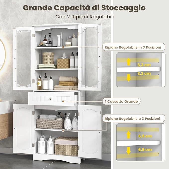 Armadietto Salvaspazio 60 x 30 x 160cm, Mobile Bagno con 2 Ripiani Regolabili, Cassetto e 2 Porte in Vetro Temprato, Armadio da Bagno per Ufficio, Soggiorno e Camera da Letto, Bianco