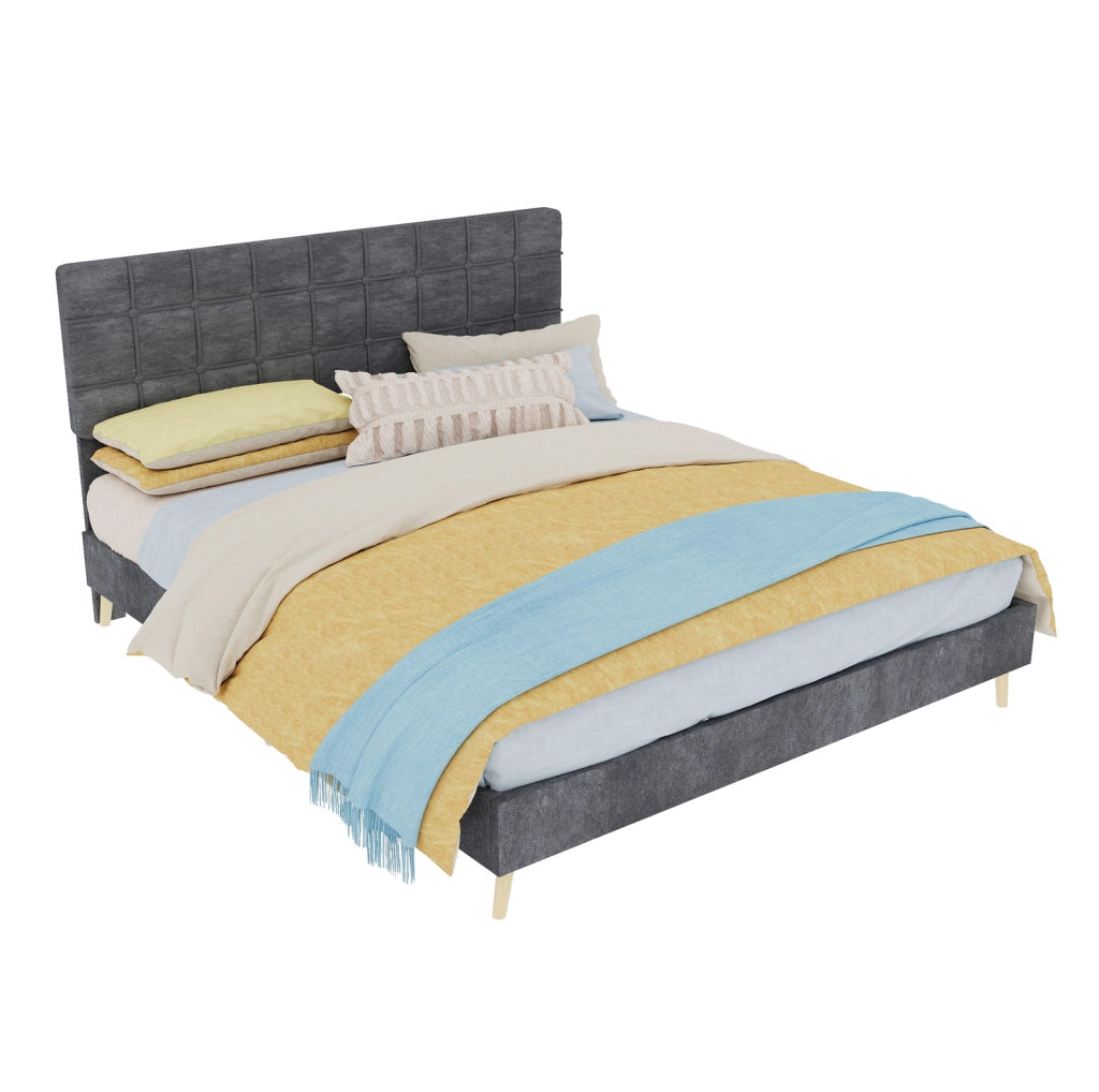 Letto 160x200 cm con testiera trapuntata in velluto grigio