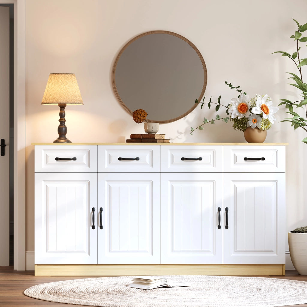 Credenza multifunzione con 4 cassetti e 4 ante, 160 cm, bianco
