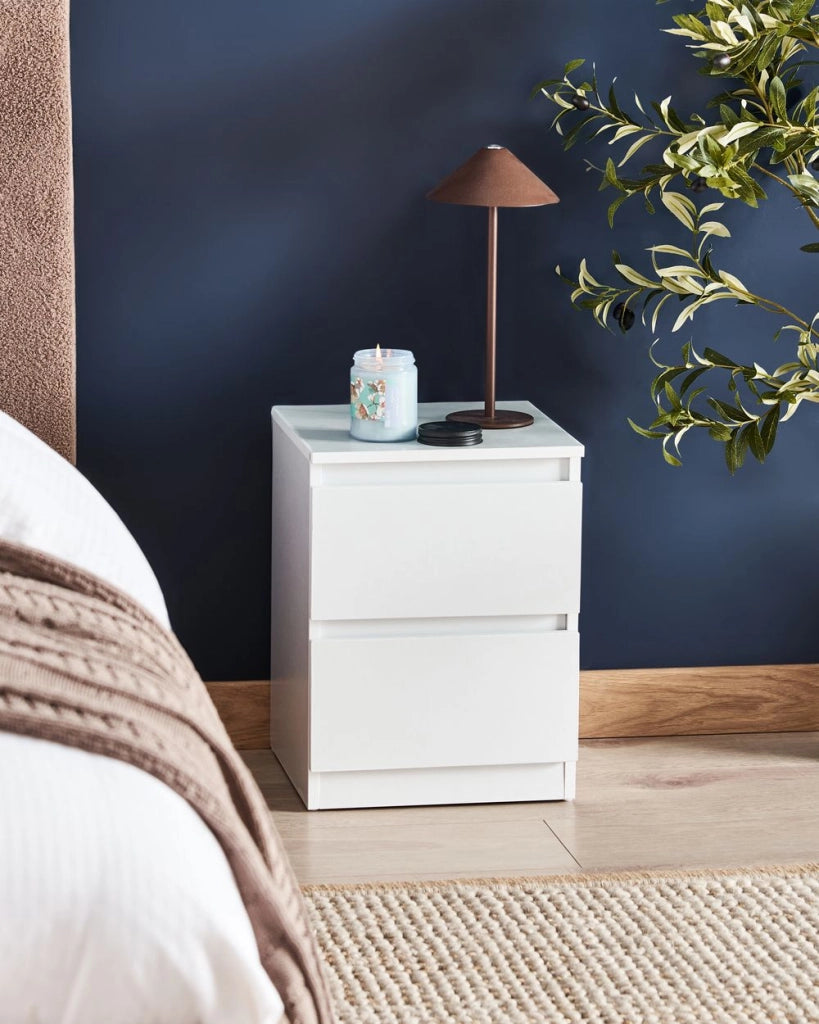 Comodino in truciolato bianco 2 cassetti portaoggetti Design scandinavo Camera da letto