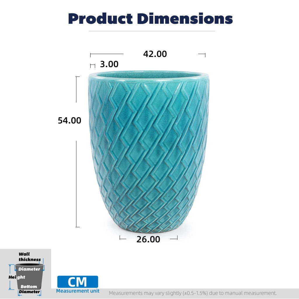 Fioriera a più livelli in ceramica artigianale con smalto lucido azzurro ciano e motivo a rombi 42 × 54 cm