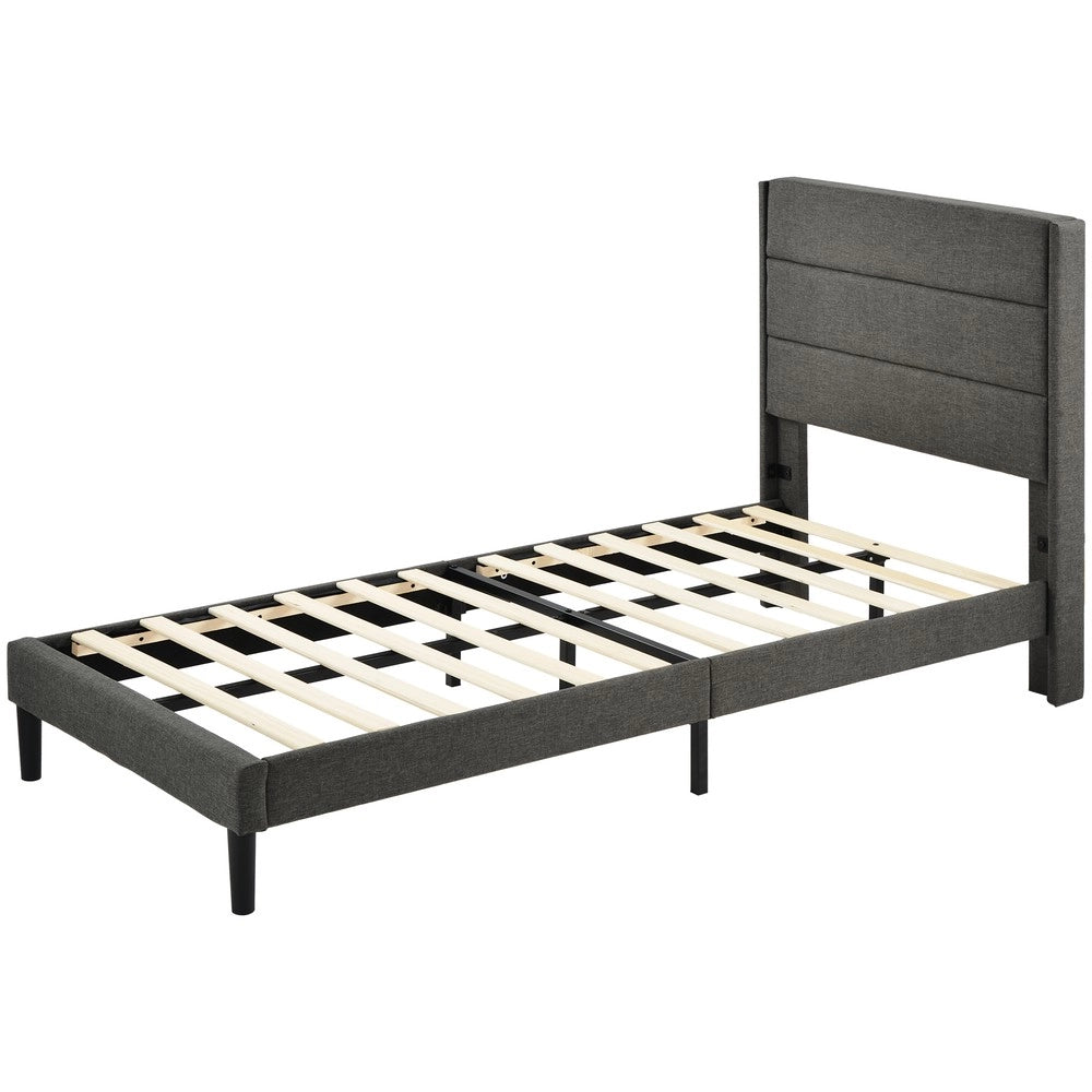 Letto Imbottito Singolo con Rete a Doghe e Testiera ¨C MINIMAL ¨C Tessuto Grigio 90x200