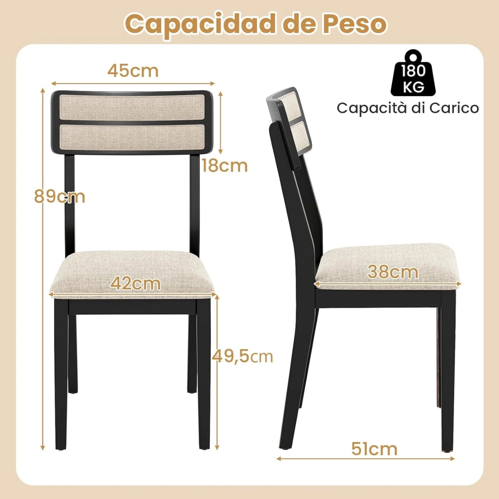 Set di 2 Sedie da Pranzo Moderne, Sedie Cucina in Tessuto con Schienale Inclinato, Gambe in Legno di Gomma e Seduta mbottita, Portata 180 kg, Ideale per Sala da Pranzo, Soggiorno (Nero)