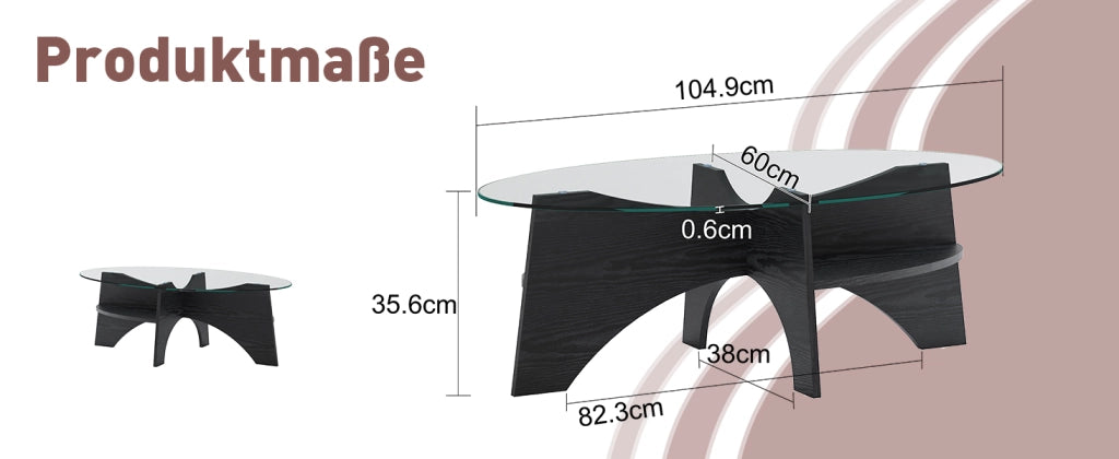 TAVOLINO Ovale in Vetro di Sicurezza 104,9 x 60 x 35,6 cm Nero/Trasparente