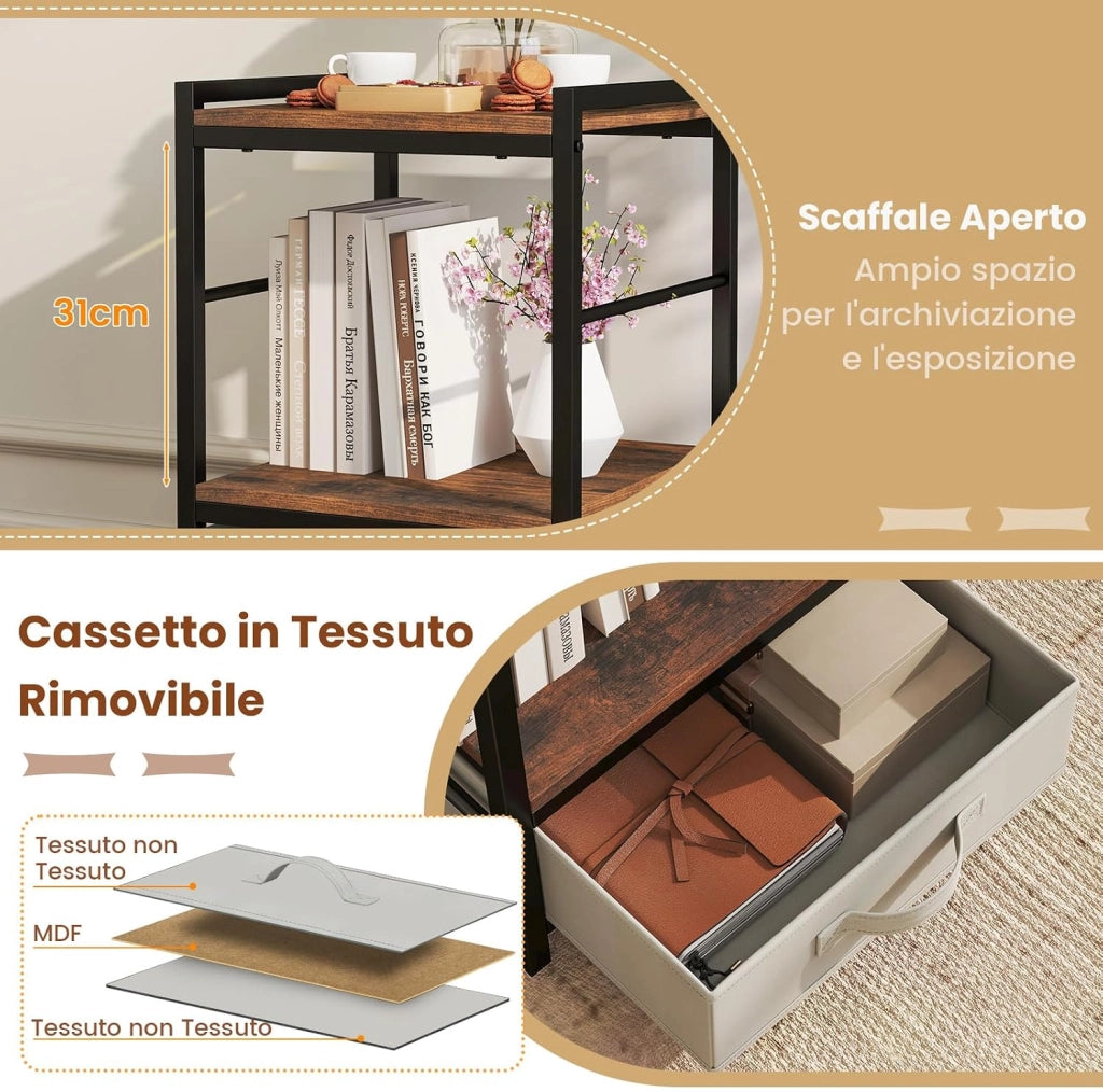 Tavolino da Salotto in Legno e Metallo, Tavolino Quadrato da Divano con Mensola Aperta e Cassetto in Tessuto, Tavolino da Caffè per Soggiorno e Camera da Letto,40 x 40 x 60,5 cm