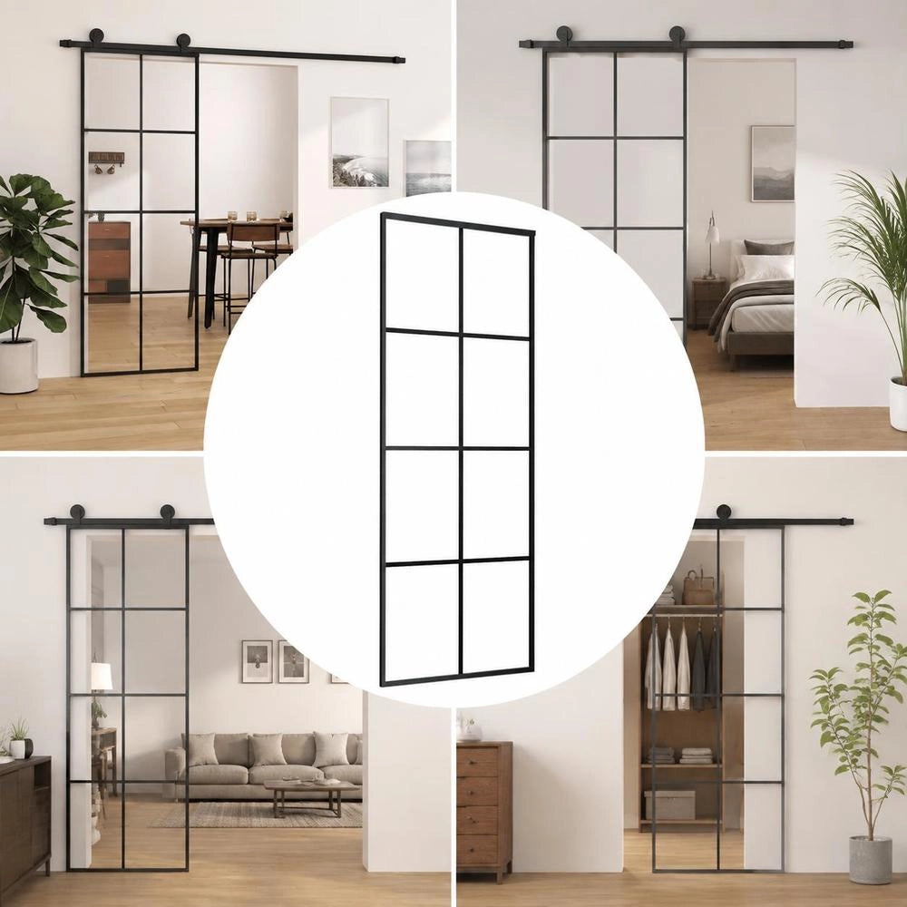 Sliding Door Black 76x205 Cm Tempered Safety Glass And Aluminum