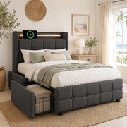 Letto con cassetti 90 × 200 cm con LED prese USB e due cassetti laterali struttura in metallo grigio