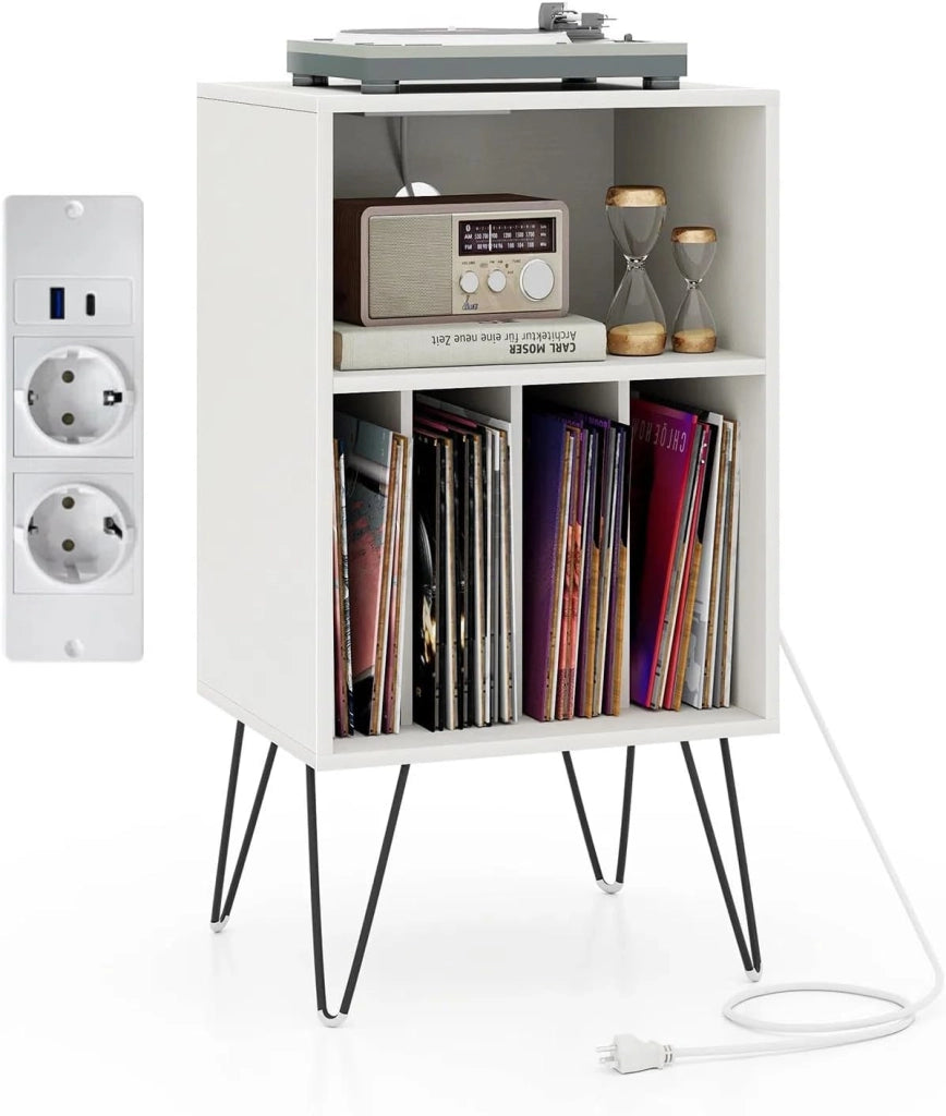 Supporto per Giradischi in Vinile con Stazione di Ricarica, 5 Scomparti, Espositore per Dischi con Gambe in Metallo, Mobile Giradischi Capacità di Carico 50kg, 48 x 40 x 88 cm (Bianco)