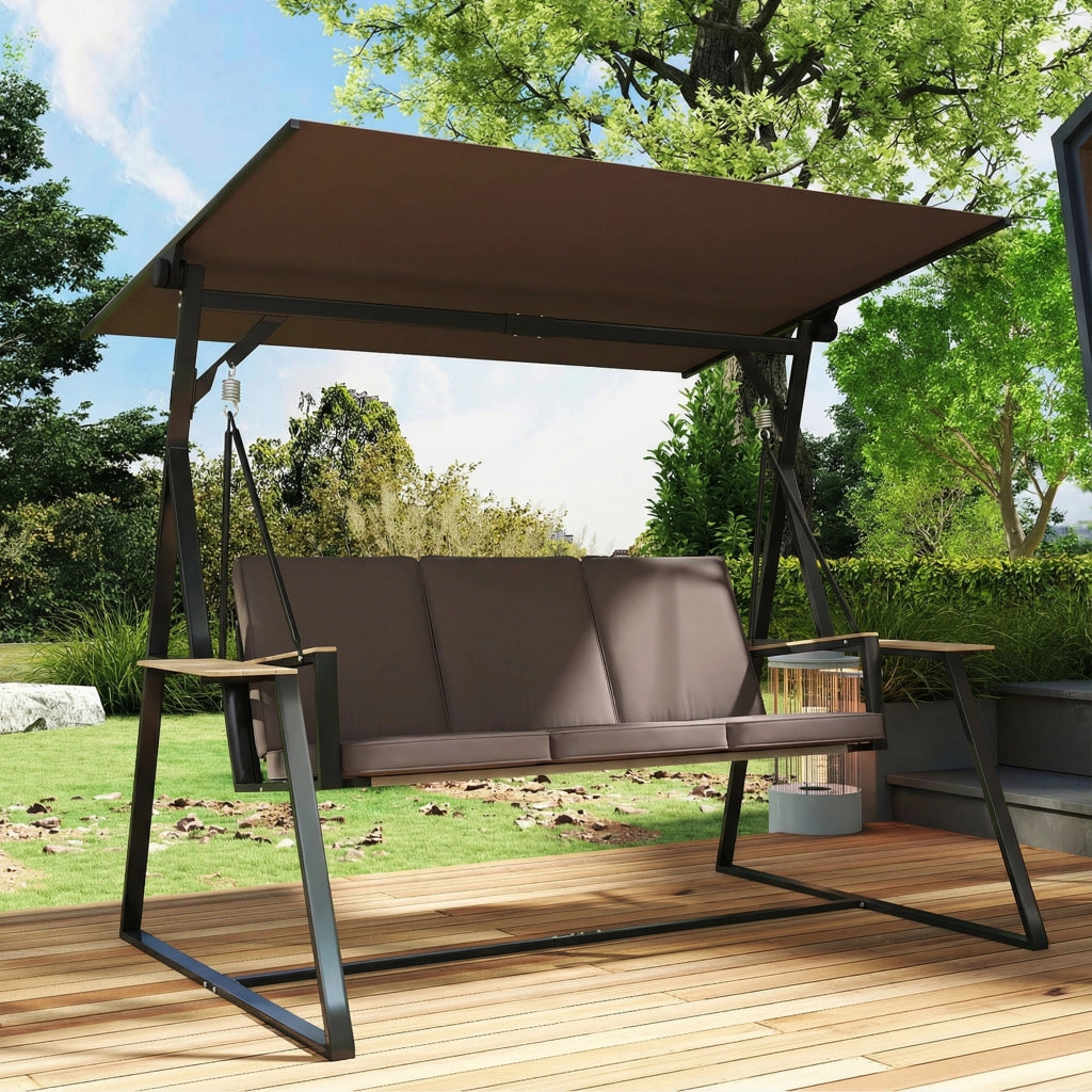 Dondolo da Giardino 3 Posti 222x131x175 cm con Tettuccio Regolabile con Vassoi e Cuscini Imbottiti in Metallo Marrone