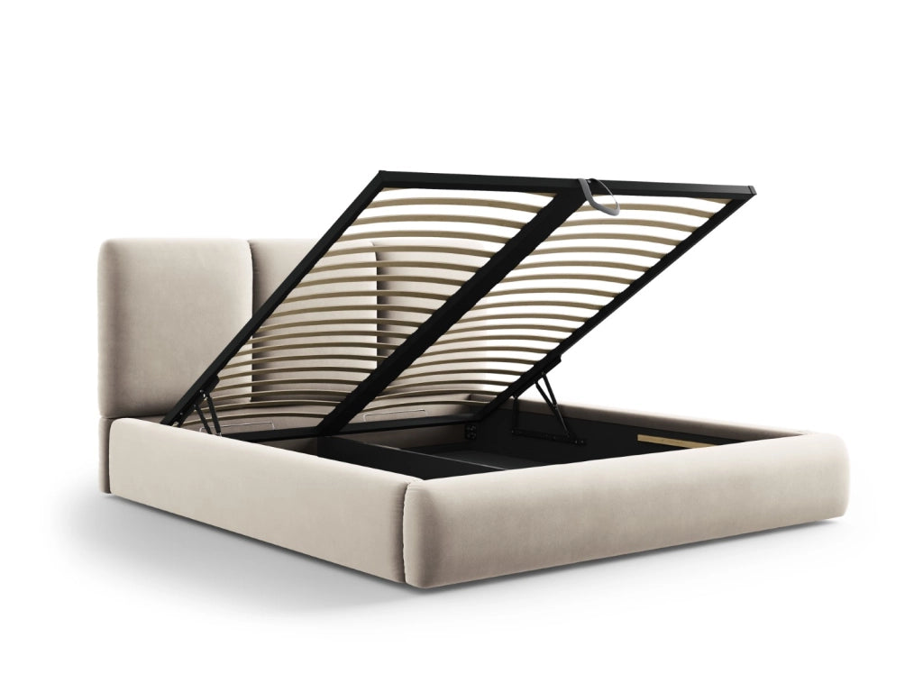 Cosmopolitan Design - Letto a cassettone con testiera "Nicolas" 140x200cm in velluto beige chiaro 