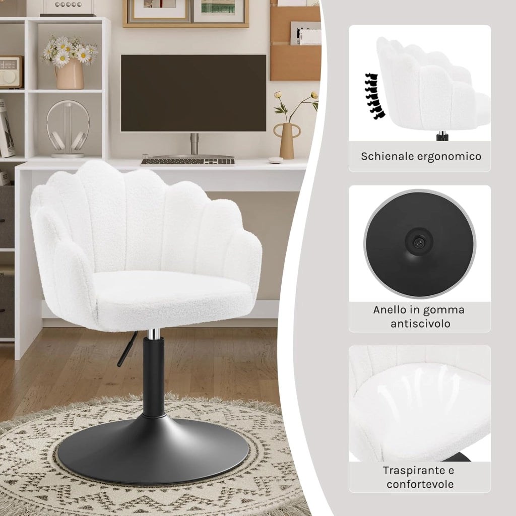 Sedia da Trucco, Poltrona Girevole in Tessuto Bouclé, Sgabello da Trucco Regolabile in Altezza per Camera da Letto, Soggiorno, Bianco
