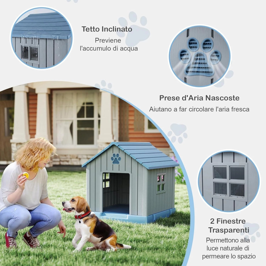 Cuccia per Cani da Esterno ed Interno, Casetta Impermeabile con Prese d’Aria e Pavimento Rialzato, per Cani di Piccola e Media Taglia