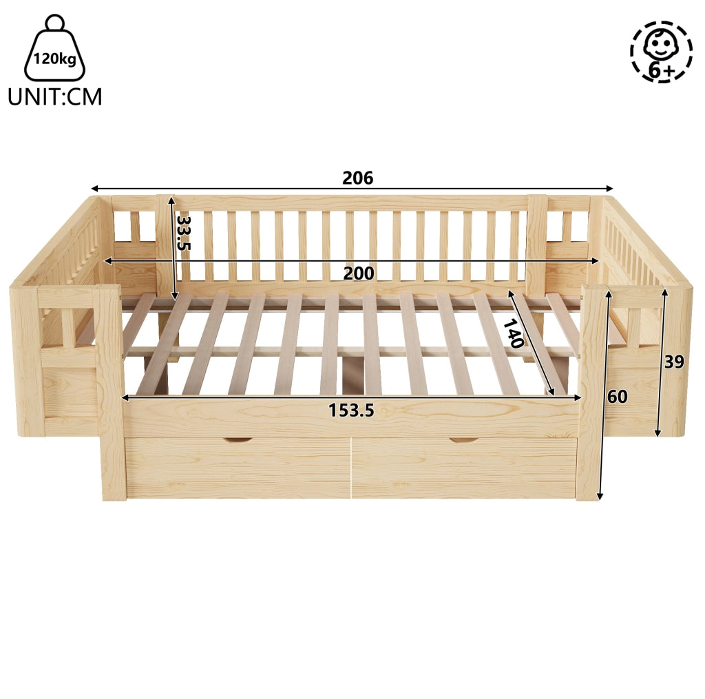 Letto a piattaforma 140x200 cm con sponde alte e due ampi cassetti, colore legno