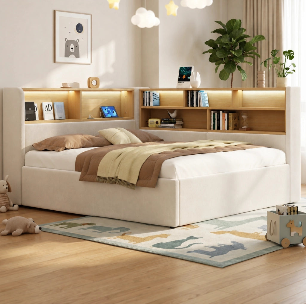 Letto da giorno imbottito 140x200 cm in velluto beige con contenitore; LED; USB e Type-C