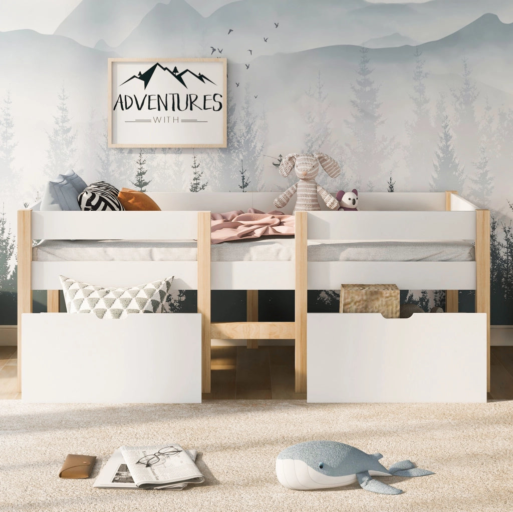 Letto a soppalco basso per bambini con cassetti e protezione anticaduta